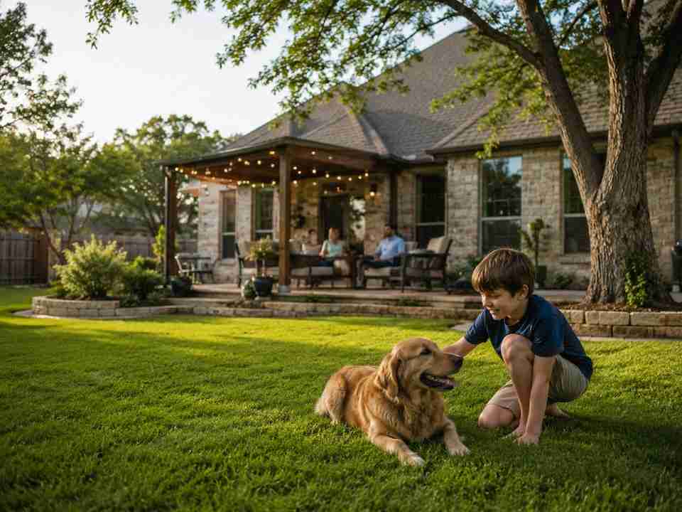 Central Texas backyard where fire ant control helps protect children, pets, and outdoor living areas
