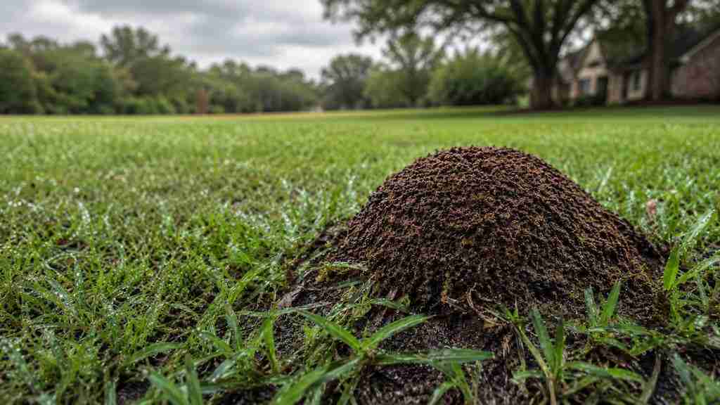Fire ant mound in a Central Texas lawn after rain