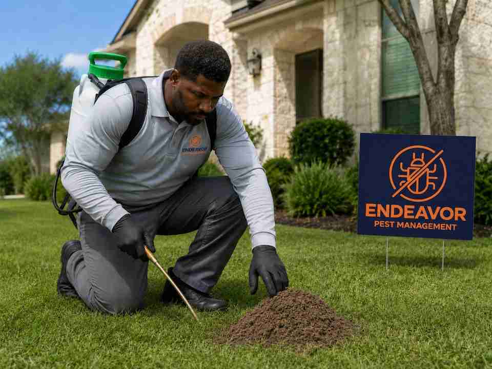 Endeavor Pest technician inspecting a Central Texas yard for fire ant activity